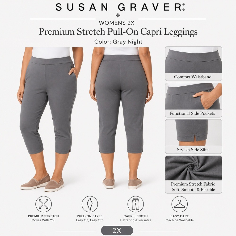 Susan Graver Womens 2X‎ Premium Stretch Pull-On Capri Leggings Gray Night New